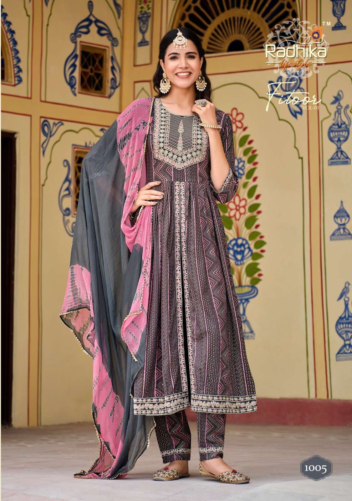 FITOOR REYON LIVA TAG PRINT EMBROIDERY WORK MIDDLE CUT KURTI WITH PANT AND NAZMIN TIE DIE DUPATTA BY RADHIKA LIFESTYLE BRAND 1005